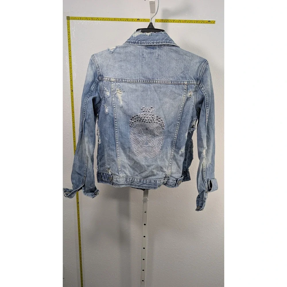For The Republic Denim Jacket Women XS Blue Distressed Rhinestone Buddha Trucker